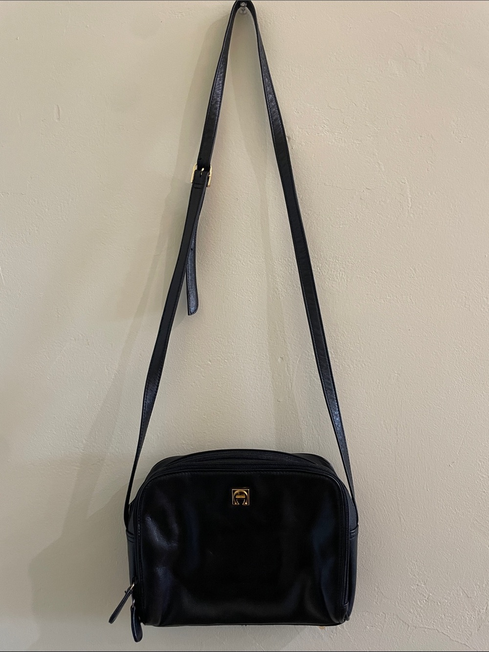 Etienne Aigner Black Leather Crossbody Bag with Gold Accent